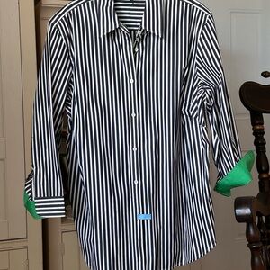 Lauren Ralph Lauren Black White Striped Women’s Button Down Shirt Green Accents